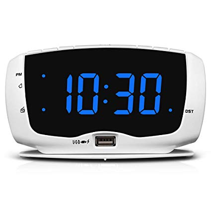 DreamSky Electronics Alarm Clock Radio for Bedrooms, FM Radio, 1.4 Inches Large LED Number Display, Dual USB Charging Ports, Headphone Jack, Snooze, DST, Sleep Timer (White Blue)