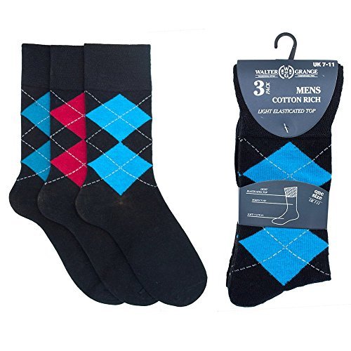 6 Pairs of Mens Soft top Non Elastic Socks Dark Diamond Argyle pattern Cotton Blend
