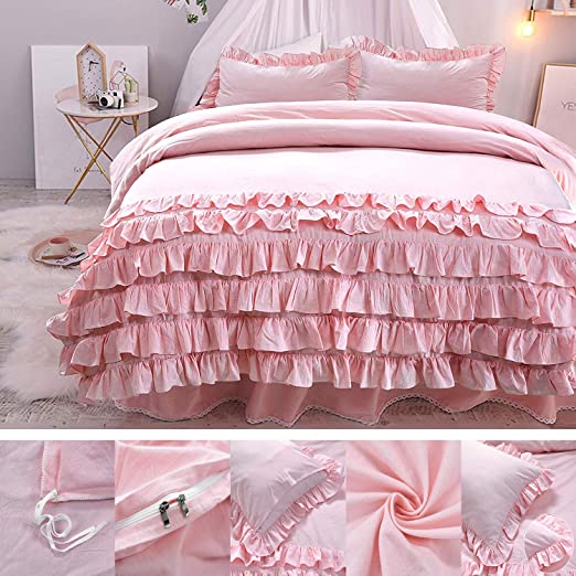 Designer Bedding Sets Collection Vintage Waterfall Reversible Solid Pink 3Pcs Twin XL Size Duvet Cover Sets Elegant Shabby Chic Ruffled Ultra Soft 100% Natural Washed Cotton Décor 6 Layers of Ruffle