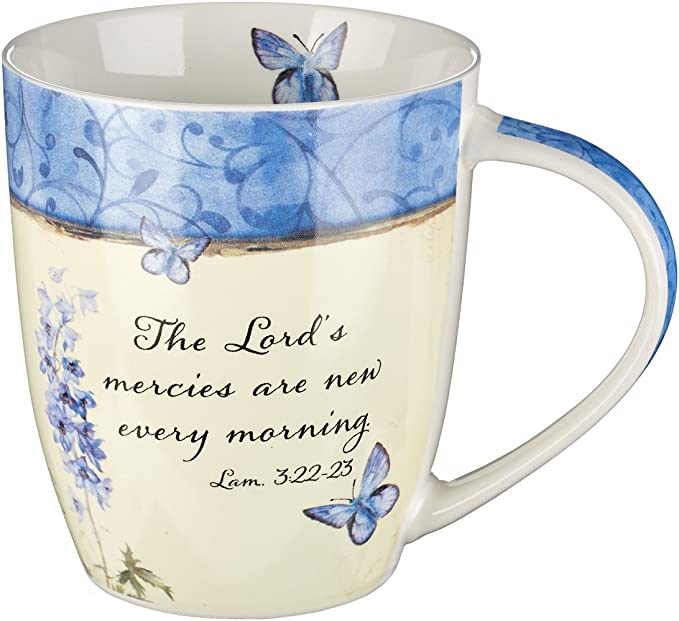 Christian Art Gifts Bible Verse Mug for Women | Butterfly Scripture Mug w/Blue Flowers – The Lord’s Mercies Lamentations 3:22-23 Mug | Inspirational Coffee Cup and Christian Gift (12 oz Ceramic Cup)