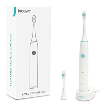 Sonic Toothbrush, Picowe Waterproof Rechargeable Electric Toothbrush Fully Washable with Vibration 37500 / Minute 4 Options Modes 3 Weeks Use Travel Lock Function / 2 Replacement Brush Heads (White)