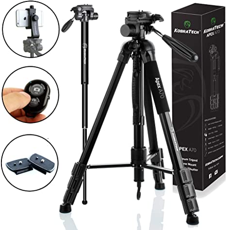 KobraTech 70 Inch Tripod for Camera and Phone - Apex A70 – Camera Tripod Stand with Bluetooth Remote Shutter, Phone Tripod Mount & Monopod