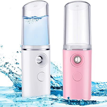 2 Pieces Nano Facial Mister 30 ml Portable Mini Facial Steamer Handy Moisturizing Mist Sprayer for Hydrating, Skin Care, Makeup, Eyelash Extension, USB Rechargeable, Pink and White