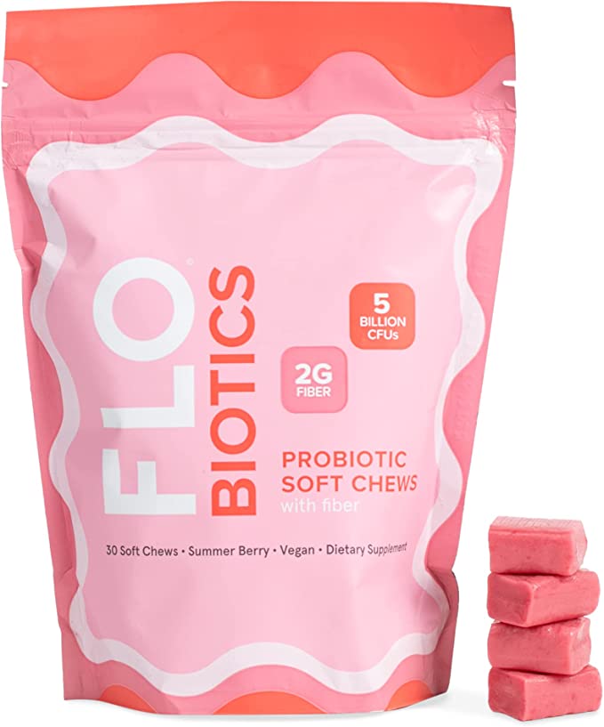 FLO-Biotics Probiotics for Women - Soft Chew, Digestive Health and Daily Fiber Supplement - Women's Chewable Probiotic for a Healthy Gut - (30 Count)