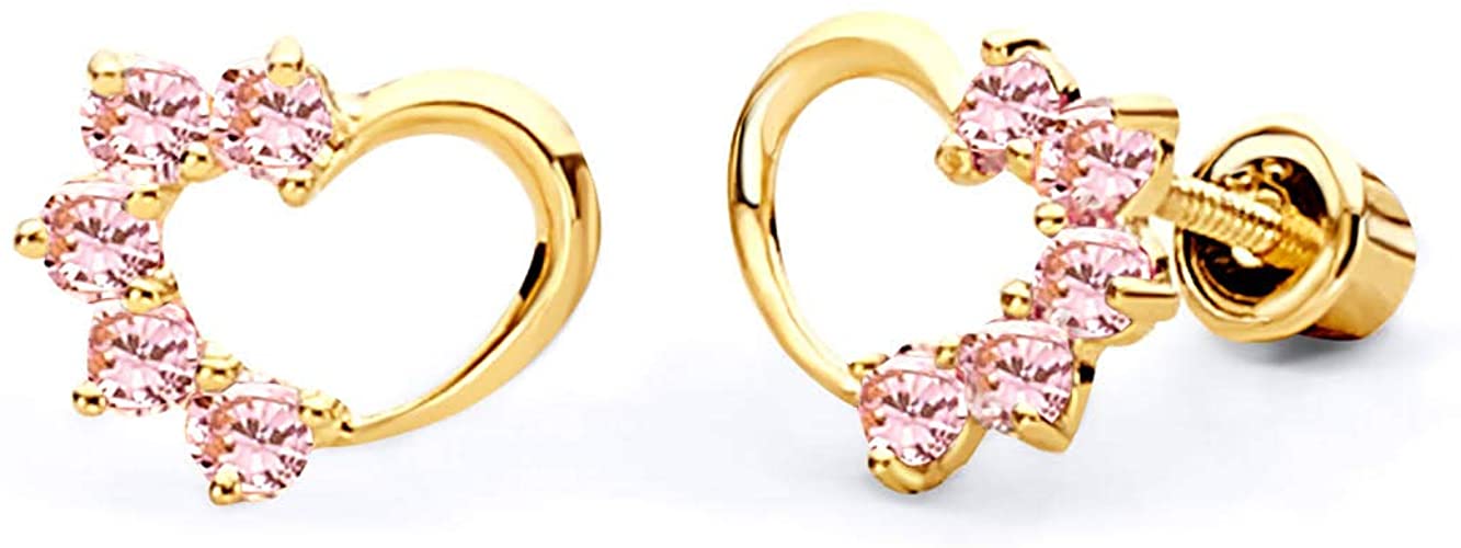 14k Yellow Gold Journey Heart Stud Earrings with Screw Back - 3 Different Color Available