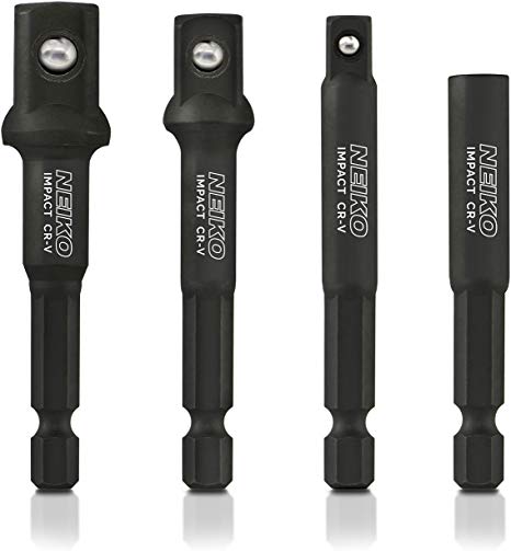 Neiko 00244A Impact Socket Adapter & Magnetic Bit Holder, 4Piece Set | 1/4" Hex Shank with 1/4, 3/8, 1/2" Drive | CR-V