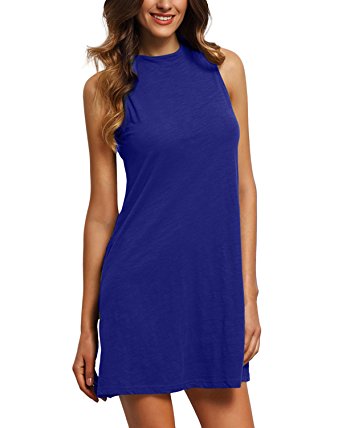 ZANZEA Women's High Neck Sleeveless Causal Elegant T Shirt Dress Mini dresses