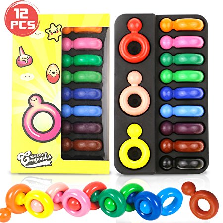 Buluri Toddlers Crayons, 12 Colors Finger Crayons Non-Toxic Palm-Grip Paint Crayons Ring Shape, Coloring Gift for Toddlers Kids Girls and Boys(Toddlers Crayons)