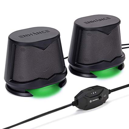 ENHANCE SB2 Computer Speakers with Green LED Glow Lights and 2.0 USB Powered Design - 10W Peak Sound, 3.5mm Wired Connection, in-Line Volume Control - Compatible with Gaming Desktop, Laptop, PC