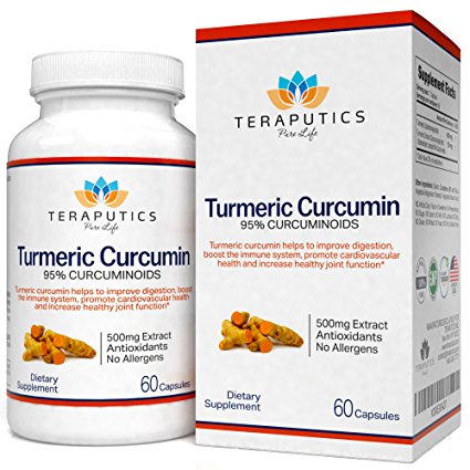 Teraputics Turmeric Curcumin 95% Curcuminoid Extract - 100% All Natural Anti-Inflammatory Spice Extract, Improves Digestion & Boosts The Immune System, Promotes Cardiovascular Health & Increases Joint Function, The Antioxidant Source Oral Supplement, 60 Caps, 500mg