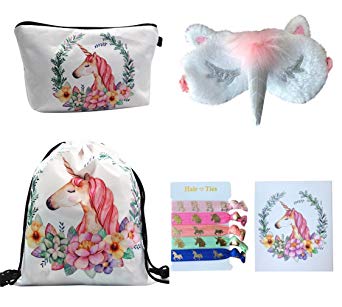 Unicorn Gifts for Girls - Unicorn Drawstring BackpackMakeup BagEye MaskHair TiesCard