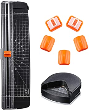 7 Pieces A4 Paper Cutter Set, Including 12 Inch Paper Trimmer with Corner Rounder Punch and 5 Replacement Slice, Security Safeguard Scrapbooking Tool for Cutting Paper Label Photo Cardstock