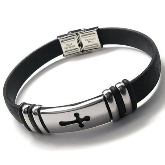 KONOV Jewelry Stainless Steel Rubber Cross Bracelet