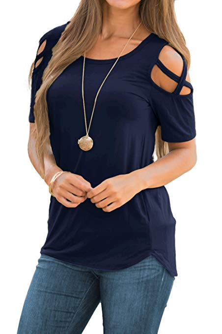 Adreamly Womens Loose Strappy Cold Shoulder Tops Basic T Shirts