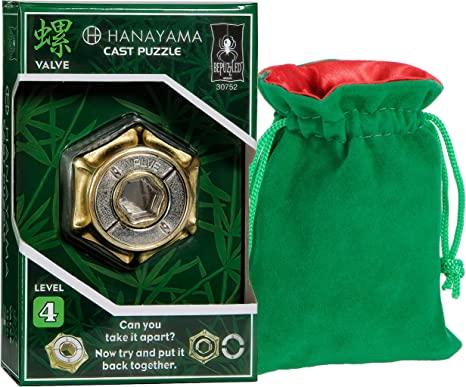 Valve Hanayama Puzzle, New 2022, Level 4, with Green Velvet, Red Satin-Lined Drawstring Pouch, Bundled