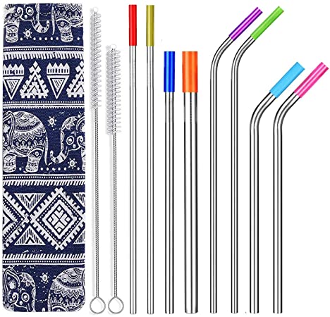 ALINK Stainless Steel Metal Straws - 6mm Wide for Yeti, RTIC, Jars, Mason Tumblers, 8mm for Smoothies, Milkshakes, 12mm for Boba Tea, Set of 8 with 8 Soft Silicone Tips & 2 Cleaning Brushes