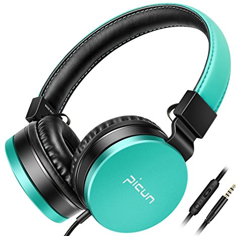 Picun C18 Headphones with Mic HiFi Stereo Lightweight Foldable Headset with Volume Control Deep Bass Soft Comfortable Soft Memory-Protein Earmuffs Adjustable for Kids Girls Women (Green)