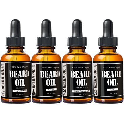 #1 Rated Beard Oil Set - Leven Rose Beard Kit - Spiced Sandalwood Beard Oil, Escape Cedarwood Beard Oil, Zen Juniper Beard Oil and Fragrance Free Beard Oil