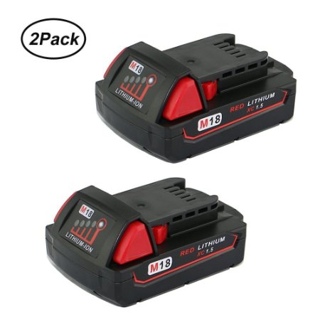 FLAGPOWER 2Pack 18V M18 Liion Cordless Tools Replacement Battery for Milwaukee M18 XC 48-11-1815 48-11-1820 (1500 mAh 2Pack)