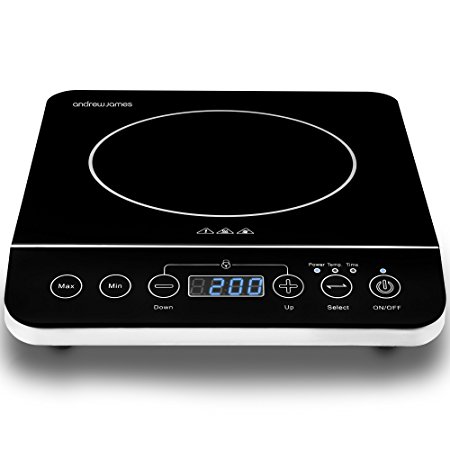 Andrew James Single Electric Induction Hob, 2000W Portable Digital Hot Plate with 13amp Plug, Black Crystal Plates for Compatible Pans up to 26cm, Auto Switch-Off, Built-in Timer and Blue LED Display.