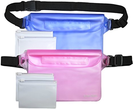 Waterproof Pouch - 2 Large Dry Pouches - 4 Bonus Valuable Bags - Adjustable Waistband – Snorkeling Kayaking Boating Swimming Water Parks & Vacation – Protect Cash, Credit Cards, Keys and Smartphones