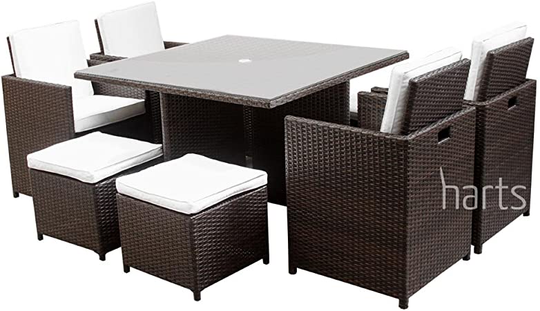 Harts Premium Rattan Dining Set, Cube 8 Seats Garden Patio Conservatory Furniture with parasol hole (Brown) inc Rain Cover