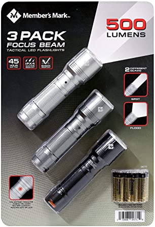 Member's Mark 500 Lumens 3 Pack Focus Beam Tactical LED Flashlighs