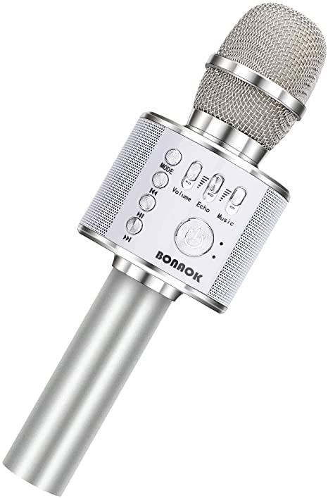 BONAOK Wireless Bluetooth Karaoke Microphone, 3-in-1 Portable Handheld karaoke Mic Birthday Gift Home Party Speaker Machine for iPhone/Android/iPad/Sony, PC Smartphone (Silvery)