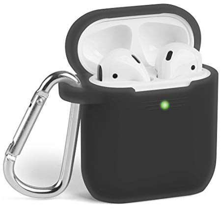 Airpods Case, GMYLE Silicone Protective Shockproof Wireless Charging Airpods Earbuds Case Cover Skin with Keychain kit Set Compatible for Apple AirPods 1 & 2 - Black (Front LED Visible)