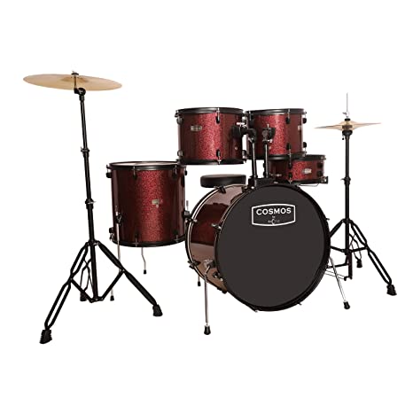 ARCTIC COSMOS 5 Piece Complete Acoustic Drum Kit/Drumset with drumsticks, Cymbals and throne - With Hardware. Best Sounding shells, most durable build. (Red)