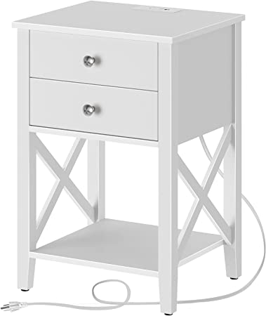 Rolanstar Nightstand with Charging Station, End Table with 2 Drawers and Power Outlets, Accent Side Table with Storage Shelf for Bedroom, White