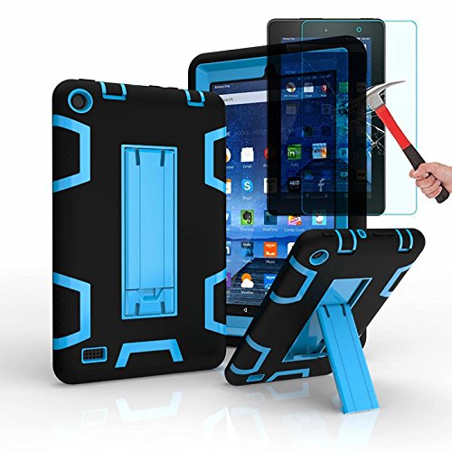 Fire 7 2015 Case,Fire 7 Case With Tempered Glass Screen Protector,I-VIKKLY [Kickstand] Heavy Duty Hybrid Shockproof Case For Amazon Fire 7 Inch Tablet (5th Generation - 2015 release) (Black Blue)