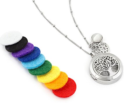 Aromatherapy Essential Oil Diffuser Necklace Jewelry - Aromatherapy Jewelry - Hypoallergenic 316L Surgical Grade Stainless Steel, 20.8” Chain   9 Washable Insert Pads   Charms …