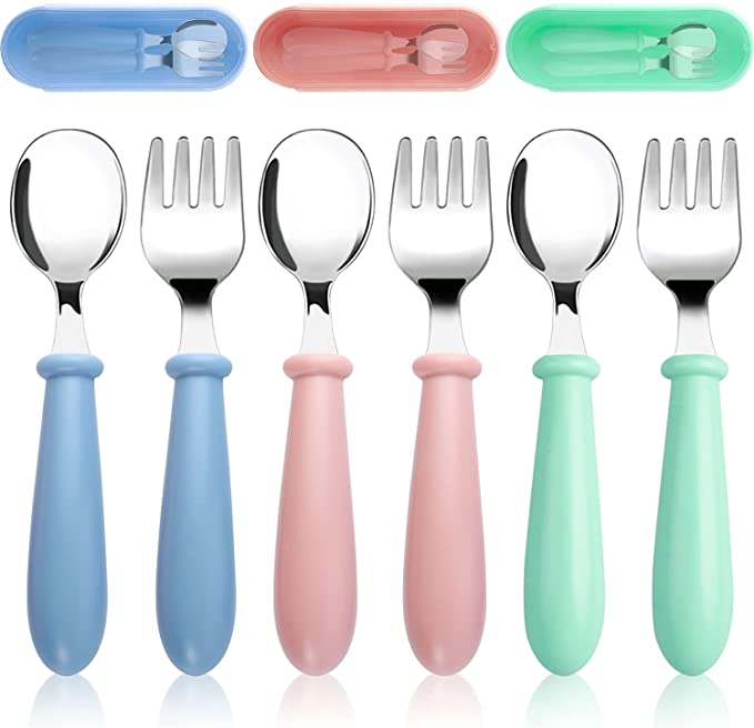 3 Pcs Baby Fork and Spoon Set, Mini Toddler Utensils Spoons Forks Tableware Set with Travel Case Baby Self Feeding Training Spoon and Fork for Baby Led Weaning and Toddlers