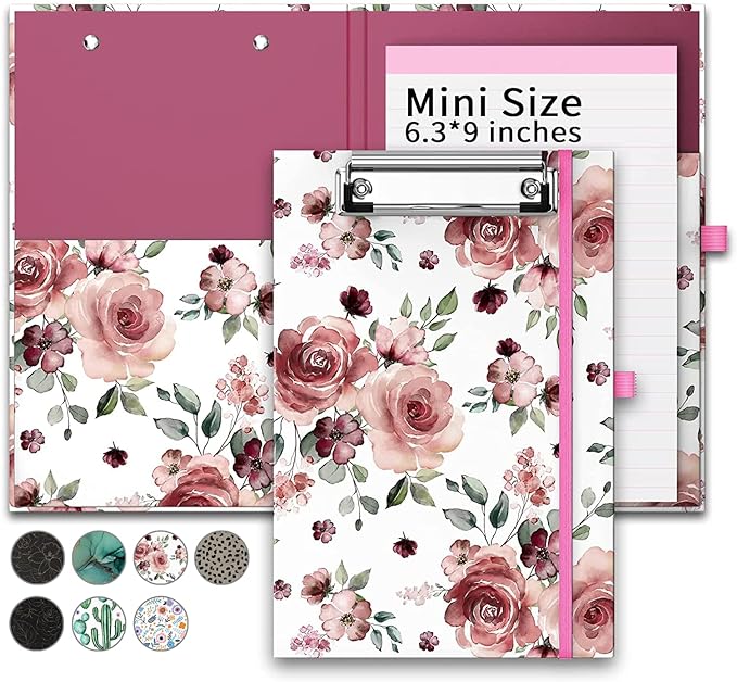 PULAIXIN Mini Clipboards Folio Folder with Refillable Lined Notepad(A5 Size 6" x 9"),Small Nursing Clipboard Foldable with Storage Pocket and Pen Holder for Kids for Classroom Office(Rose Floral)