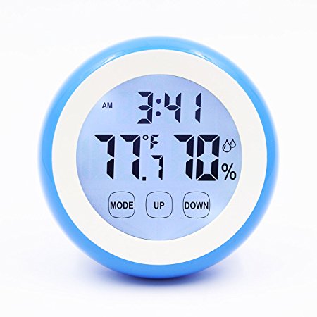 Hippih Digital Indoor Thermometer Humidity Monitor with 12/ 24 Hour Wall Clock, Touchscreen and Back Light(Blue)