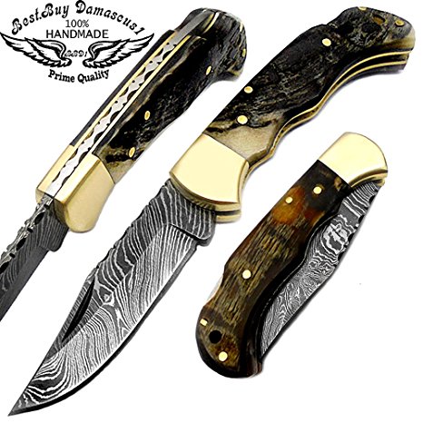 Beautiful Ram Horn 6.5'' 100% Handmade Damascus Steel Folding Pocket Knife With Back Lock 100% Prime Quality