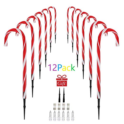 walsport Christmas Candy Cane Pathway Lights Markers - Holiday Walkway Lights Outdoor Ornaments Garden Stakes Set of 12 for Yard Lawn Xmas Outside Decorations