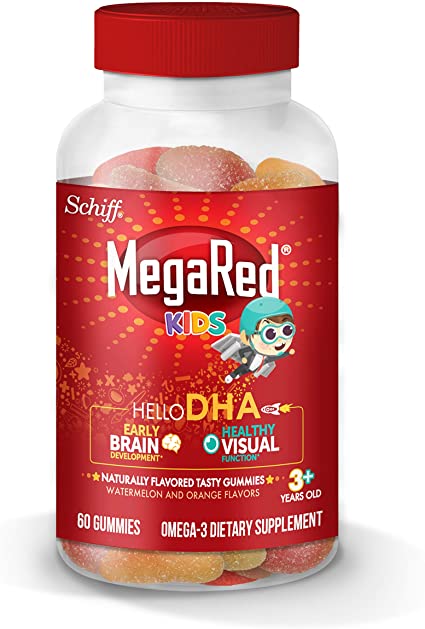 Omega-3 Hello DHA Kids Watermelon & Orange Flavored Gummies, MegaRed (60 Count in A Bottle), DHA for Early Brain Development* & Healthy Visual Function*, Fish Oil, Childrens Omega-3s, for Children 3