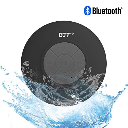 GJT®Wireless Bluetooth Waterproof Shower Speaker: 3.0 Speaker, Mini Water Resistant Wireless Shower Speaker, Handsfree Portable Speakerphone with Built-in Mic, 6hrs of playtime, Control Buttons and Dedicated Suction Cup for Showers, Bathroom, Pool, Boat, Car, Beach, & Outdoor Use(Black)