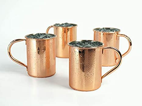 PG Set of 4 Classic Barrel Copper Plated Moscow Mule Mug Stainless Steel Lining, 14oz