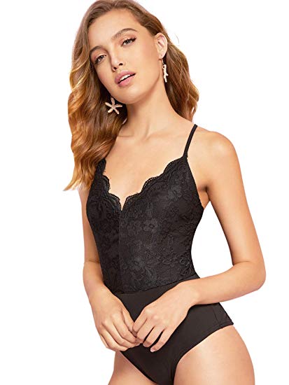 DIDK Women's Elegant Cold Shoulder Guipure Lace V Neck Spaghetti Strap Bodysuit