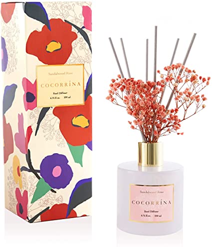 Cocorrína Premium Reed Diffuser Set with Preserved Baby's Breath & Cotton Stick Sandalwood Rose | 6.7oz Scent Fragrance Oil Diffuser for Bedroom Bathroom Living Room Home Décor