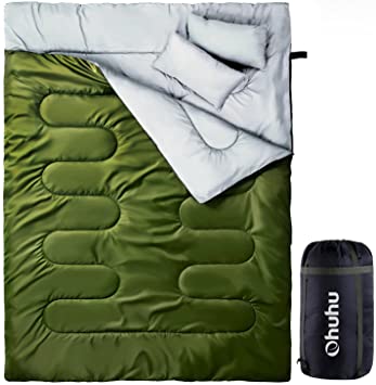 Double Sleeping Bag with 2 Pillows and Carrying Bag, Ohuhu Waterproof Lightweight 2 Person Sleeping Adult Bag for Cold Cool Weather Camping, Backpacking, Hiking Accessories in Tent and Truck