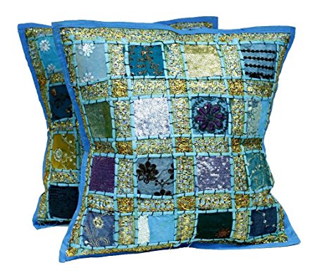 2 Blue Embroidery Sequin Patchwork Indian Sari Throw Pillow Cases Cushion Covers