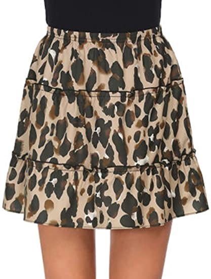 Wildtrest Women's Leopard Print Mini Skirt High Waist A-Line Skirt Layer Ruffle Hem Short Skirt