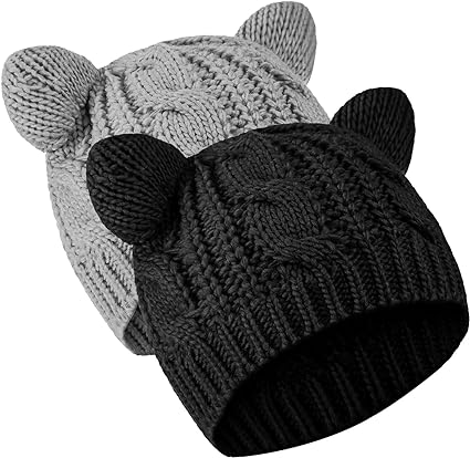 Cat Ear Beanie Hats Cute Cat Knitted Hat Winter Knit Cable Hat for Women Girls