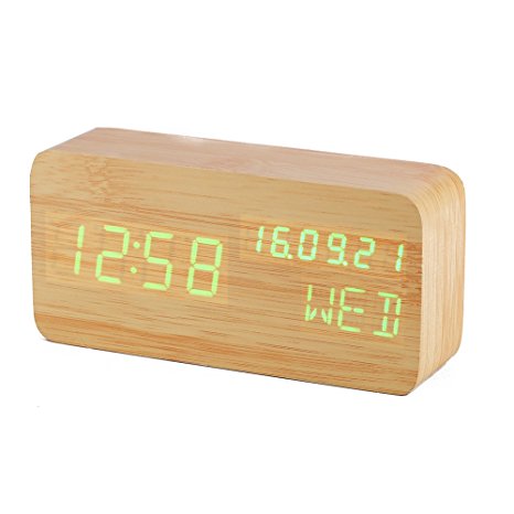 3E Home 31-2200 LEDWooden Digital Clock Alarm ClockDisplaying Date Time Temperature and Voice Touch Activated (Bamboo, Green LED)