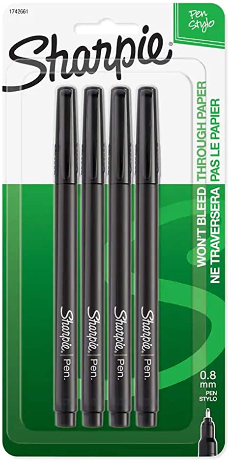 Sharpie Plastic Point Stick Permanent Water Resistant Pen, Black Ink, Fine, 4 per Pack