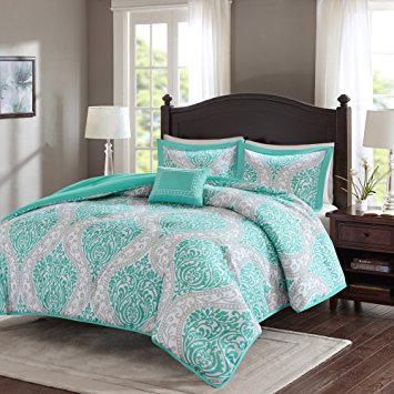 Comfort Spaces – Coco Comforter Set - 3 Piece – Teal and Grey – Printed Damask Pattern – Twin/Twin XL size, includes 1 Comforter, 1 Sham, 1 Decorative Pillow